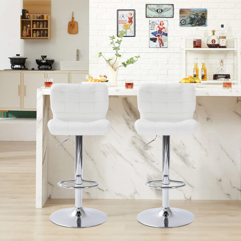 White Tufted Wingback Adjustable Swivel Barstools For Kitchen Set Of 2